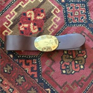Anthropologie Leather Women's Belt with Decorative Gold-Tone Oval Buckle - Brown